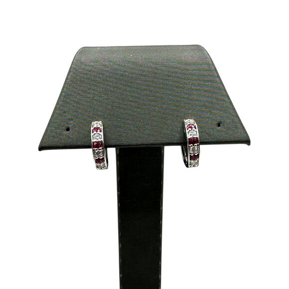 Shane Co. 14K White Gold Diamon & Red Stone Mini Hoop Earrings (16204) - Picture 16 of 16